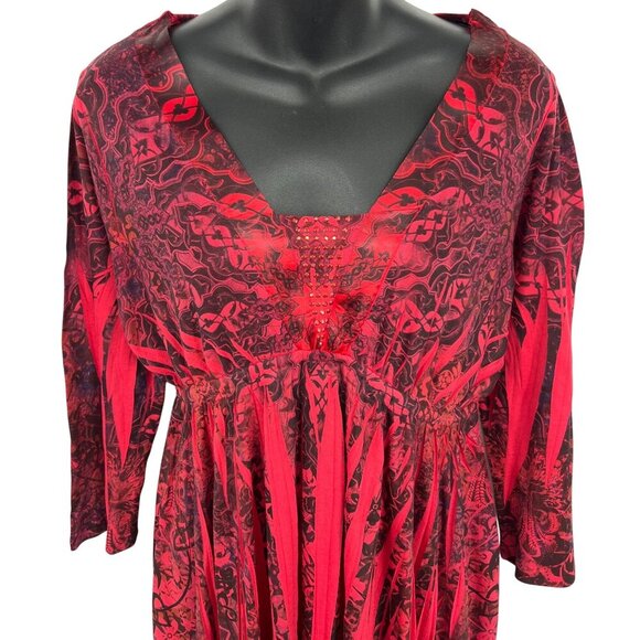 One World Blouse Size Large L Red Black Tunic Top Beaded Neck Long Sleeve New - Picture 2 of 11